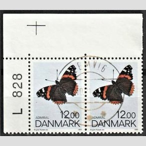 FRIMRKER DANMARK | 1993 - AFA 1040 - Sommerfugle - 12,00 Kr. flerfarvet i par med marginal - Pragt Stemplet
