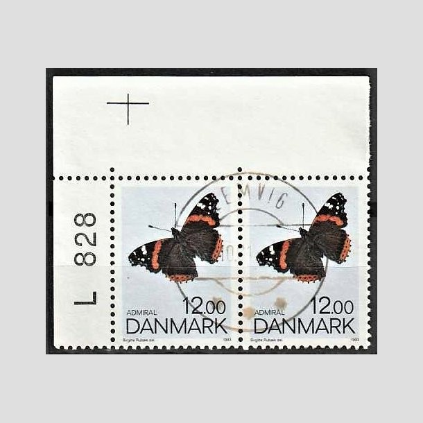 FRIMRKER DANMARK | 1993 - AFA 1040 - Sommerfugle - 12,00 Kr. flerfarvet i par med marginal - Pragt Stemplet