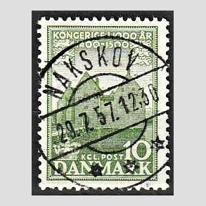 FRIM�RKER DANMARK | 1953-56 - AFA 351 - Det Danske Kongerige 1000 �r - 10 �re gr�n - Pragt Stemplet Nakskov