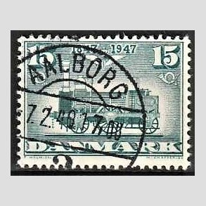 FRIM�RKER DANMARK | 1947 - AFA 302a - Danske jernbane 100 �r - 15 �re bl�gr�n - Pragt Stemplet