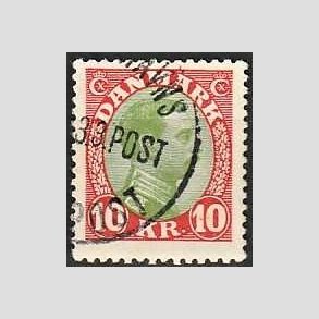 FRIMRKER DANMARK | 1927-28 - AFA 177 - Chr. X 10 Kr. rd/grn - Stemplet