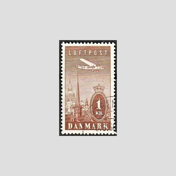 FRIMRKER DANMARK | 1934 - AFA 220 - Ny Luftpost 1 Kr. brun - Stemplet