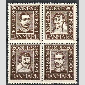 FRIMRKER DANMARK | 1924 - AFA 140-143 - Postjubilum 20 re brun i 4-blok - Postfrisk
