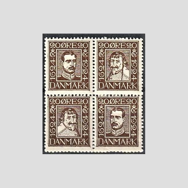 FRIMRKER DANMARK | 1924 - AFA 140-143 - Postjubilum 20 re brun i 4-blok - Postfrisk