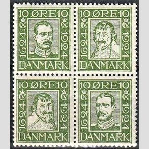 FRIMRKER DANMARK | 1924 - AFA 132-135 - Postjubilum 10 re grn i Fire-blok - Postfrisk