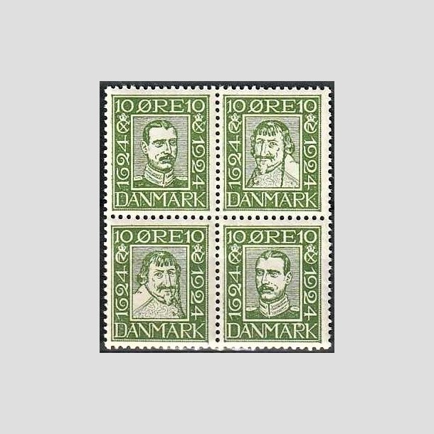 FRIMRKER DANMARK | 1924 - AFA 132-135 - Postjubilum 10 re grn i Fire-blok - Postfrisk