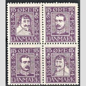 FRIMRKER DANMARK | 1924 - AFA 136-139 - Postjubilum 15 re violet i 4-blok - Postfrisk