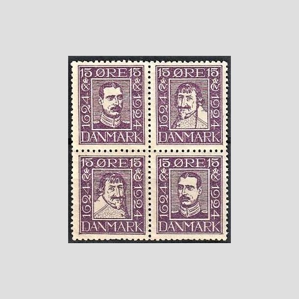 FRIMRKER DANMARK | 1924 - AFA 136-139 - Postjubilum 15 re violet i 4-blok - Postfrisk