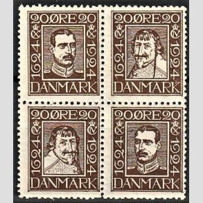FRIMRKER DANMARK | 1924 - AFA 140-143 - Postjubilum 20 re brun i 4-blok - Postfrisk