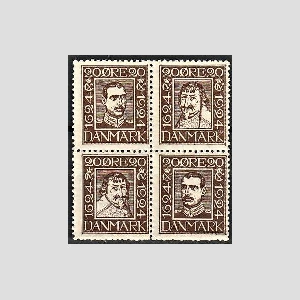 FRIMRKER DANMARK | 1924 - AFA 140-143 - Postjubilum 20 re brun i 4-blok - Postfrisk