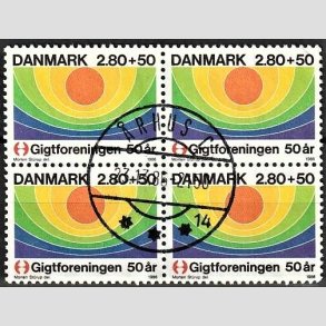 FRIMRKER DANMARK | 1986 - AFA 855 - Gigtforeningen 50 r - 2,80 Kr. + 50 re flerfarvet i 4-blok - Pragt Stemplet