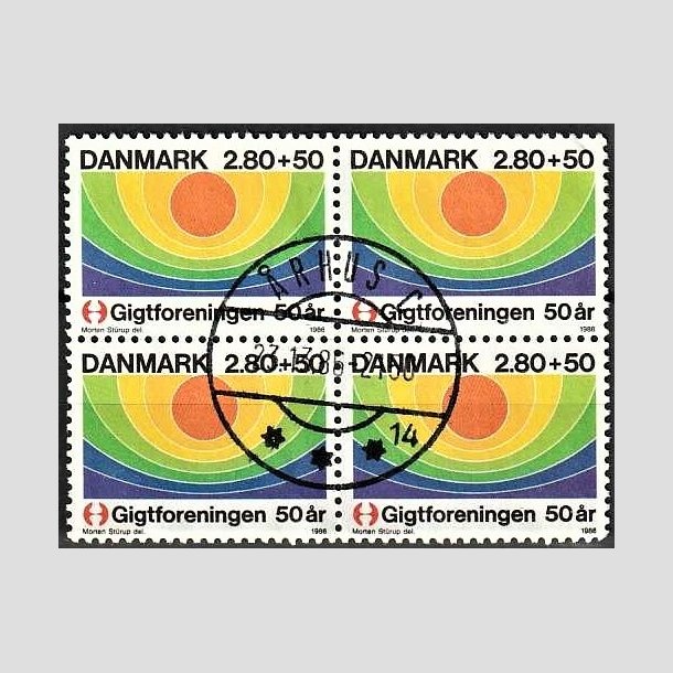 FRIMRKER DANMARK | 1986 - AFA 855 - Gigtforeningen 50 r - 2,80 Kr. + 50 re flerfarvet i 4-blok - Pragt Stemplet