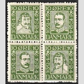 FRIMRKER DANMARK | 1924 - AFA 132-135 - Postjubilum 10 re grn i Fire-blok - Postfrisk