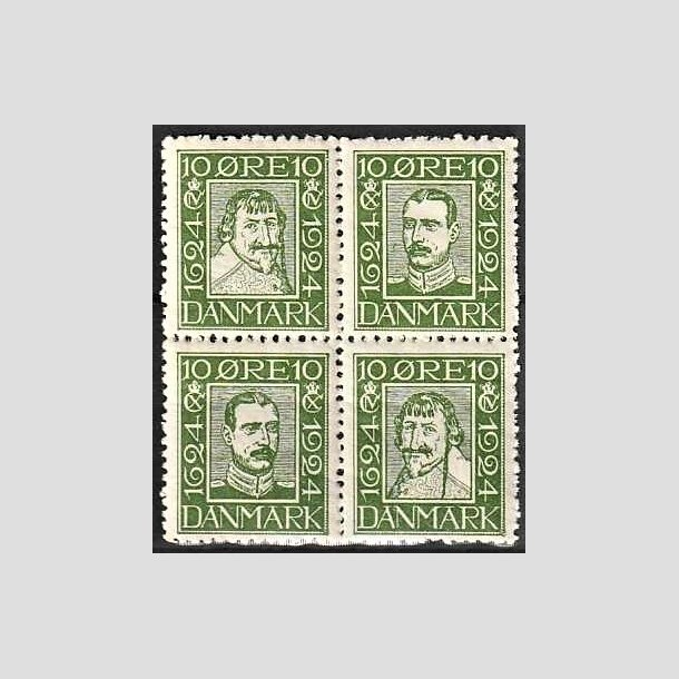 FRIMRKER DANMARK | 1924 - AFA 132-135 - Postjubilum 10 re grn i Fire-blok - Postfrisk