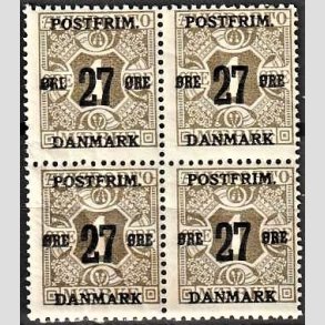 FRIMRKER DANMARK | 1918 - AFA 85 - 27 re/1 re olivengr provisorier i 4-blok - Ubrugt (med 3 stk. postfriske)