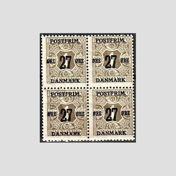 FRIMRKER DANMARK | 1918 - AFA 85 - 27 re/1 re olivengr provisorier i 4-blok - Ubrugt (med 3 stk. postfriske)