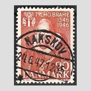FRIM�RKER DANMARK | 1946 - AFA 298 - Tycho Brahe - 20 �re brunr�d - Pragt Stemplet