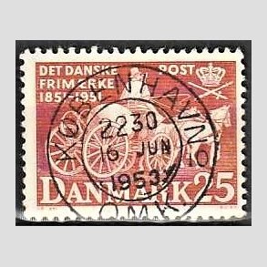 FRIM�RKER DANMARK | 1951 - AFA 332 - F�rste frim�rker 100 �r, 25 �re brunr�d - Pragt Stemplet
