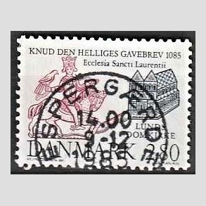 FRIM�RKER DANMARK | 1985 - AFA 834 - Domkirken i Lund - 2,80 Kr. m�rkbl�/lilla - Lux Stemplet