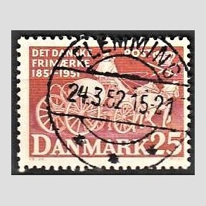 FRIM�RKER DANMARK | 1951 - AFA 332 - F�rste frim�rker 100 �r, 25 �re brunr�d - Pragt Stemplet