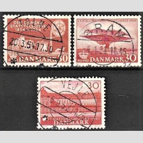 FRIM�RKER DANMARK | 1954 - AFA 356,366,370 - Statstelegrafen mv. - 3 x 30 �re - Pragt Stemplet
