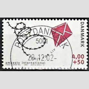 FRIMRKER DANMARK | 2001 - AFA 1275 - Amnesty International - 4,00 Kr. + 50 re bl/rd - Pragt Stemplet