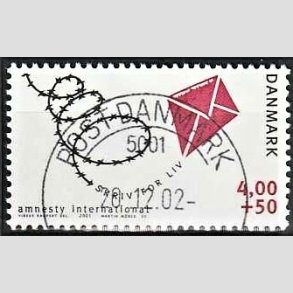FRIMRKER DANMARK | 2001 - AFA 1275 - Amnesty International - 4,00 Kr. + 50 re bl/rd - Pragt Stemplet