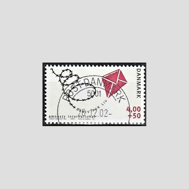 FRIMRKER DANMARK | 2001 - AFA 1275 - Amnesty International - 4,00 Kr. + 50 re bl/rd - Pragt Stemplet