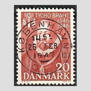FRIM�RKER DANMARK | 1946 - AFA 298 - Tycho Brahe - 20 �re brunr�d - Pragt Stemplet