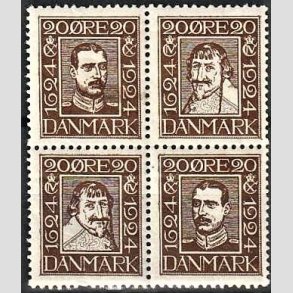 FRIMRKER DANMARK | 1924 - AFA 140-143 - Postjubilum 20 re brun i 4-blok - Ubrugt