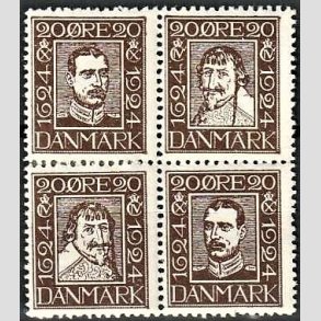 FRIMRKER DANMARK | 1924 - AFA 140-143 - Postjubilum 20 re brun i 4-blok - Ubrugt