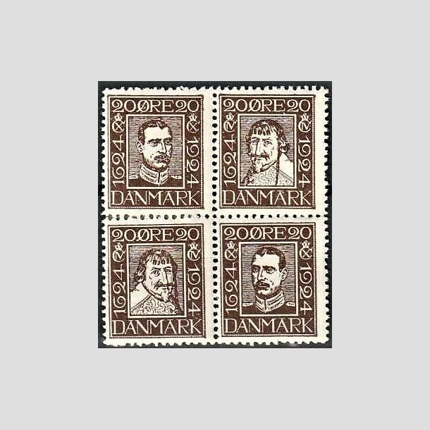 FRIMRKER DANMARK | 1924 - AFA 140-143 - Postjubilum 20 re brun i 4-blok - Ubrugt