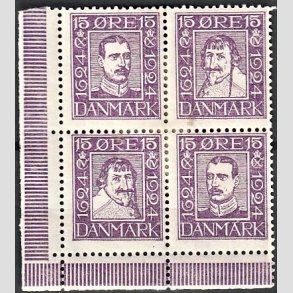 FRIMRKER DANMARK | 1924 - AFA 136-139 - Postjubilum 15 re violet i 4-blok - Ubrugt