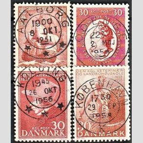 FRIM�RKER DANMARK | 1951-58 - AFA 328,357,365,372 - S�officerskolen 250 �r mv. - 25,30,30,30 �re - Pragt Stemplet