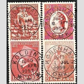 FRIM�RKER DANMARK | 1952-58 - AFA 334,357,365,372 - Redningsv�snet 100 �r mv. - 25,30,30,30 �re - Pragt Stemplet
