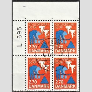 FRIMRKER DANMARK | 1988 - AFA 908 - Civilforsvaret 50 r. - 2,70 Kr. orange/bl i 4-blok med marginal - Lux Stemplet
