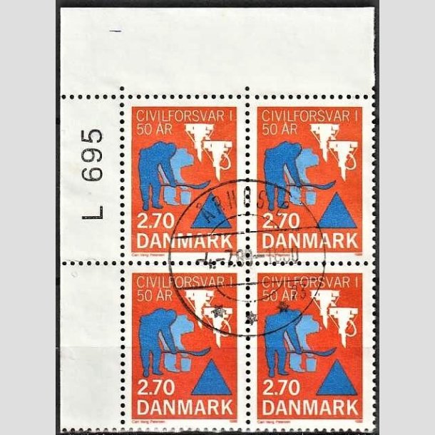 FRIMRKER DANMARK | 1988 - AFA 908 - Civilforsvaret 50 r. - 2,70 Kr. orange/bl i 4-blok med marginal - Lux Stemplet