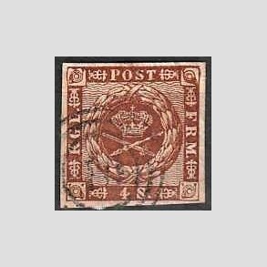 FRIMRKER DANMARK | 1858-62 - AFA 7 - 4 Skilling brun - Stemplet (Lux rande)