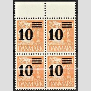 FRIMRKER DANMARK | 1934 - AFA 222 - 10/30 re orangegul provisorier i 4-blok - Postfrisk