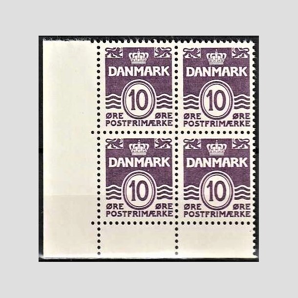 FRIMRKER DANMARK | 1938 - AFA 248a - Blgelinie 10 re mrkviolet type I i 4-blok med marginal - Postfrisk