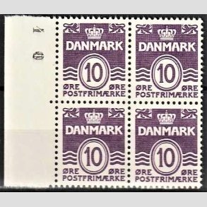 FRIMRKER DANMARK | 1938 - AFA 248a - Blgelinie 10 re mrkviolet type I i 4-blok med marginal - Postfrisk