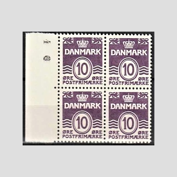 FRIMRKER DANMARK | 1938 - AFA 248a - Blgelinie 10 re mrkviolet type I i 4-blok med marginal - Postfrisk