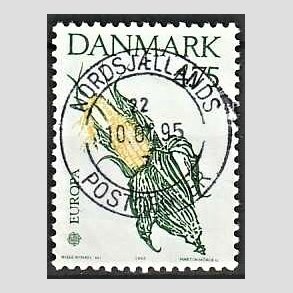 FRIM�RKER DANMARK | 1992 - AFA 1015 - Europam�rke Columbus - 4,75 Kr. gr�n/gul - Pragt Stemplet