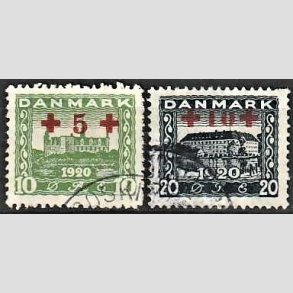 FRIMRKER DANMARK | 1921 - AFA 120,121 - +5 +10 re grn og +10 +20 re bl Rde Kors provisorier - Stemplet