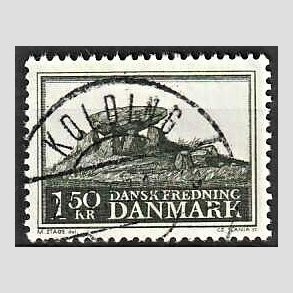 FRIM�RKER DANMARK | 1966 - AFA 451 - Fredningsserie Jydsk k�mpeh�j - 1,50 Kr. sortgr�n - Pragt Stemplet