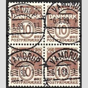 FRIMRKER DANMARK | 1937-38 - AFA 235 - Blgelinie 10 re brun i 4-blok - Pragt Stemplet
