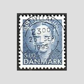 FRIMRKER DANMARK | 1992 - AFA 1019 - Dronning Margrethe - 5,00 Kr. bl - Pragt Stemplet