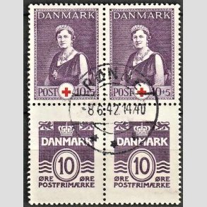 FRIMRKER DANMARK | 1940 - AFA 252,266 - Dronning Alexandrine Rde Kors - 10 + 5 re violet/rd + 10 re violet i blok - Lux Stemplet