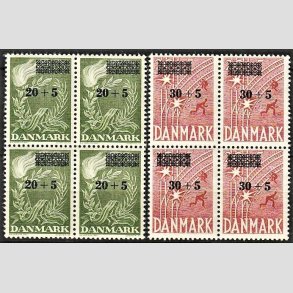 FRIMRKER DANMARK | 1955 - AFA 358,359 - Frihedsfond provisorier - 20 + 5/30 + 5 re grn i 4-blok - Postfrisk