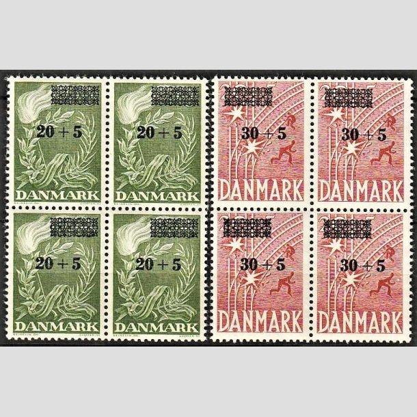 FRIMRKER DANMARK | 1955 - AFA 358,359 - Frihedsfond provisorier - 20 + 5/30 + 5 re grn i 4-blok - Postfrisk